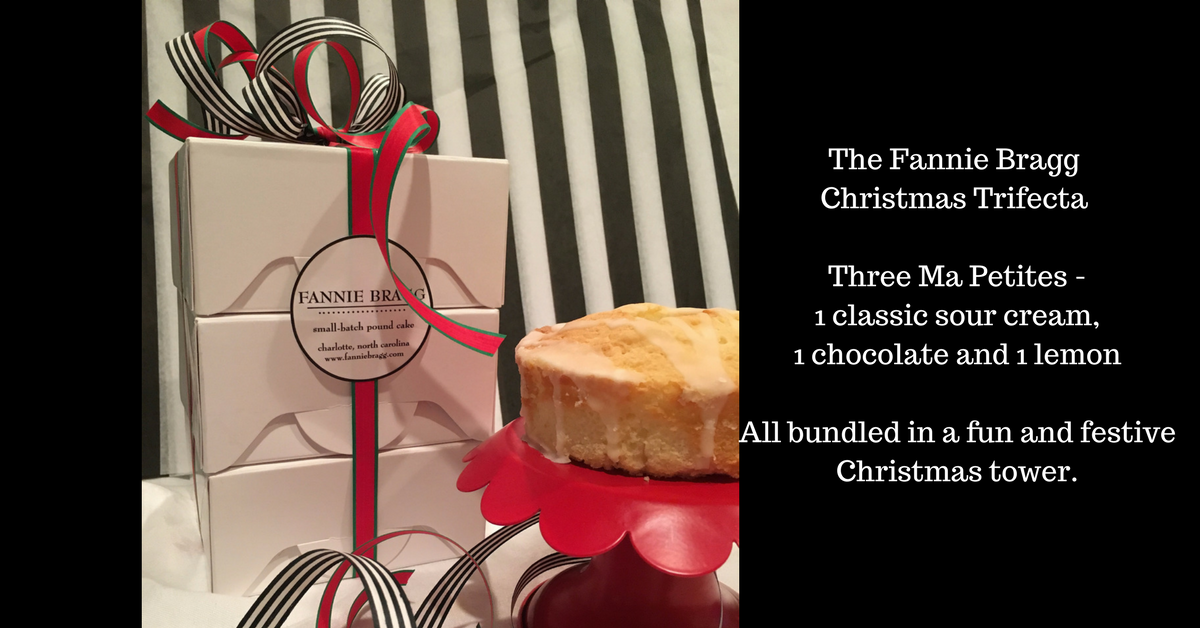 The Fannie Bragg Christmas Trifecta Three Ma Petites – 1 classic sour cream, 1 chocolate and 1 lemonAll packaged in a fun and festive Christmas tower.